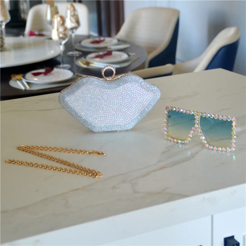Sexy Lip Shape Ladies Clutch Crystal Evening Bag Bridal Purse Handbags Clutches And Evening Bags Ladies With Sunglasses Set 2021