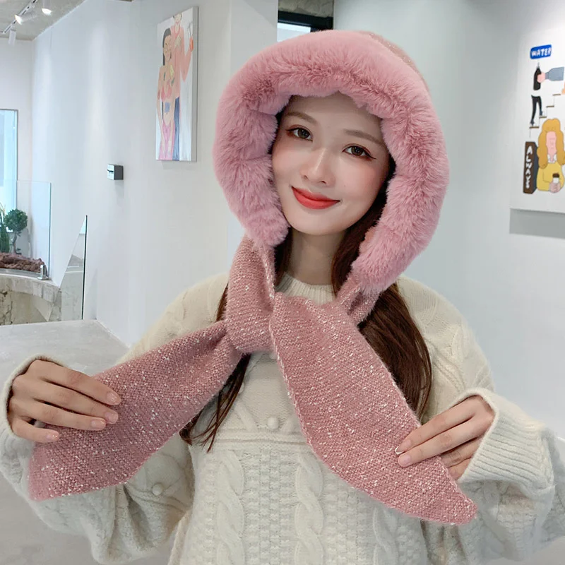 Зимняя женская вязаная плюшевая шапка, модная повседневная непродуваемая плюшевая шапка с защитой от ветра, теплая шапка новейшего дизайна, шарф в одном