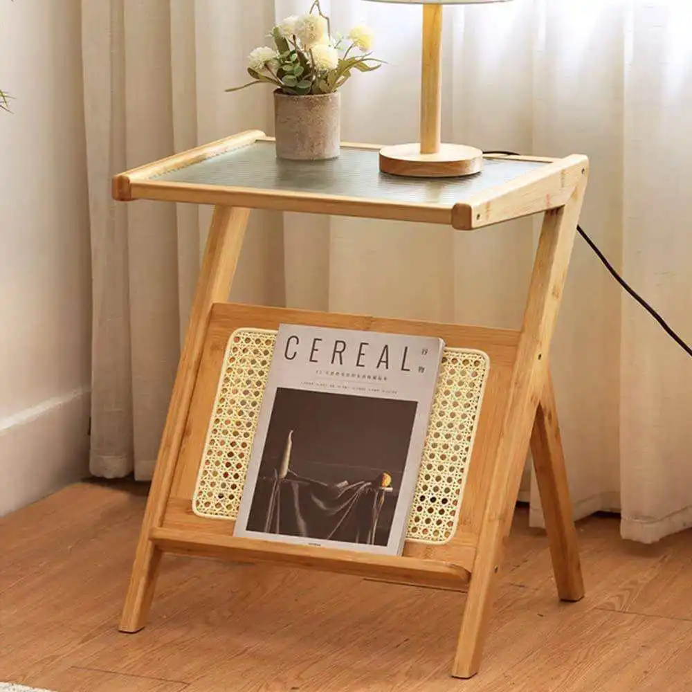 Multifunction Glass Rattan End Side Table for Living Room Bamboo Nightstand Wood Coffee Bedside Table with Magazine Holder