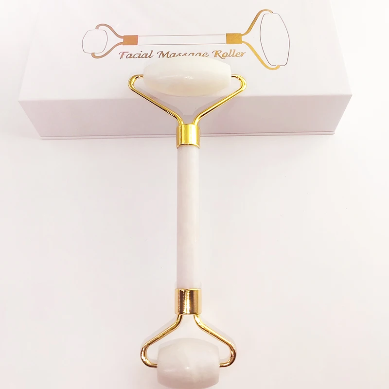 White marble  roller whit box beautiful facial jade stone rose quartz roller  jade  with box massage roller