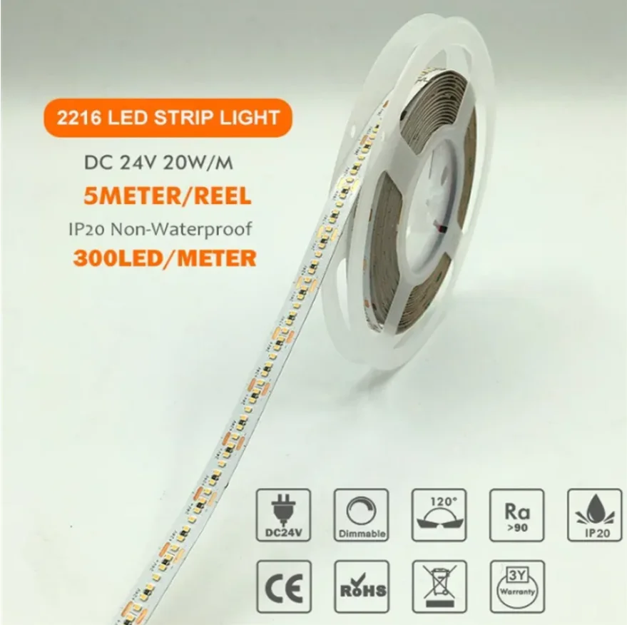 Glite High CRI90 SMD2216 White 300LEDs/M 24V IP20 with CE RoHS Certification for hotel