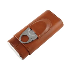 Portable Travel Leather 3 Finger Brown Cigar Case Humidor With Sharp Cutter