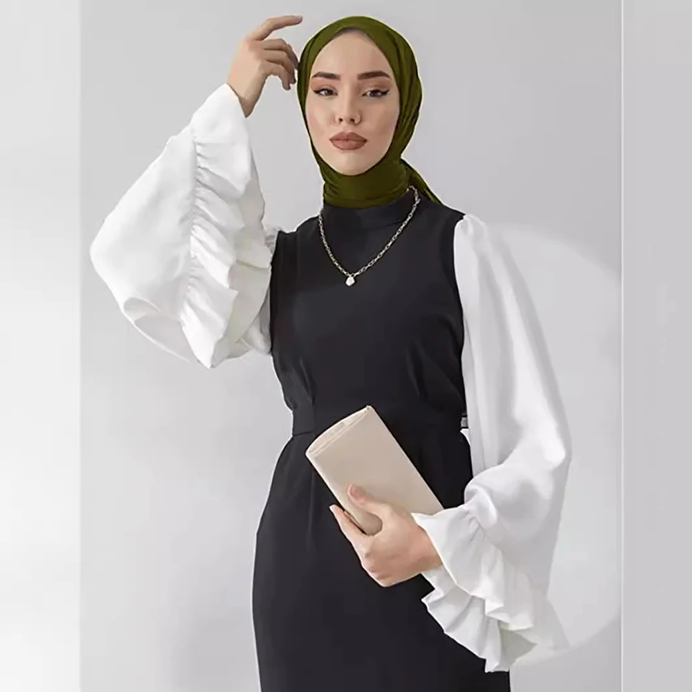 Middle East Turkish Islamic Muslim Women Dress Loose Trumpet Sleeves Solid Color Modest Dress Slim Casual Muslim Dress for women