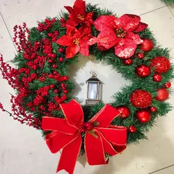 Red Flower Lanterns Christmas Wreaths Holiday Christmas Venue Decoration Props Wreath Ornaments Door Hanging Christmas Wreaths
