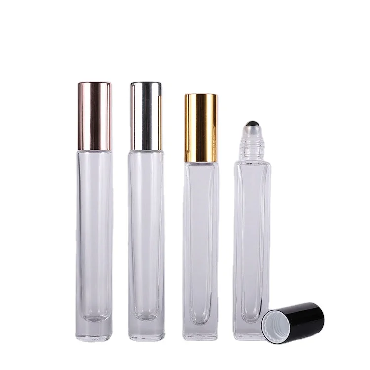 China made small clear glass roller bottle 10ml gold cap new roll on square perfume oil bottle