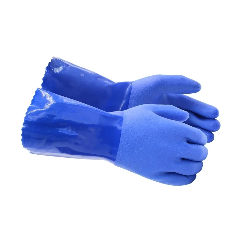 Double Dipped Fully Coated Blue PVC Gloves Slip Resistant Surface And Thick Coating