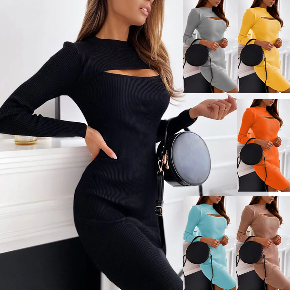 FEIBAI 2022 Fashionable Sexy Sleeve Dress New Pure Color Sexy Slim Skirt Women Clothes Casual Dresses Bodycon Girl Lady Women
