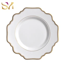 wholesale tooth wedge shaped white and gold rim porcelain ceramic charger dinner plates for wedding decoration
