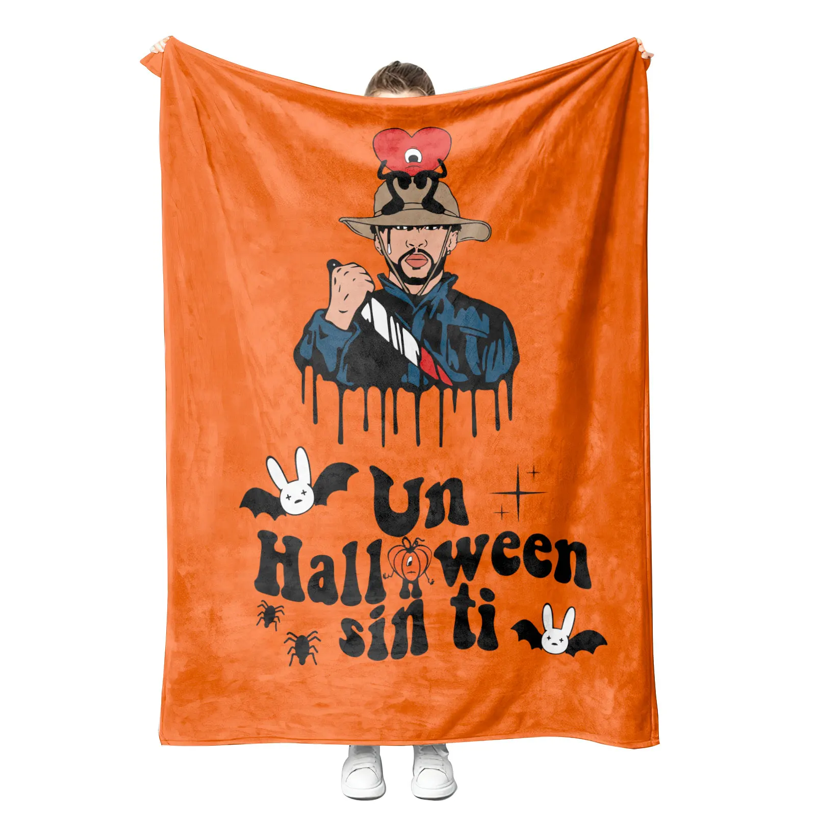 High quality Custom Logo Printed Cartoon Polyester bad bunny Un verano sin ti Sublimation Halloween fleece travel throw blanket