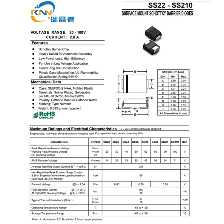 Выпрямитель Шоттки SS210 DO214AC 32 35 40 мил SMD диод 100 в 2 а диоды SS24 SS26 SS110 для поверхностного