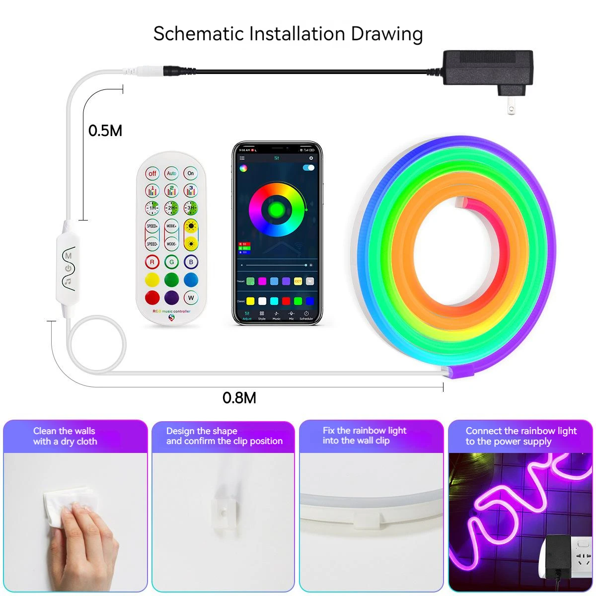 IP67 WIFI Smart Silicone LED Neon Light Strip with Bluetooth Music Remote Control Marquee led stripe