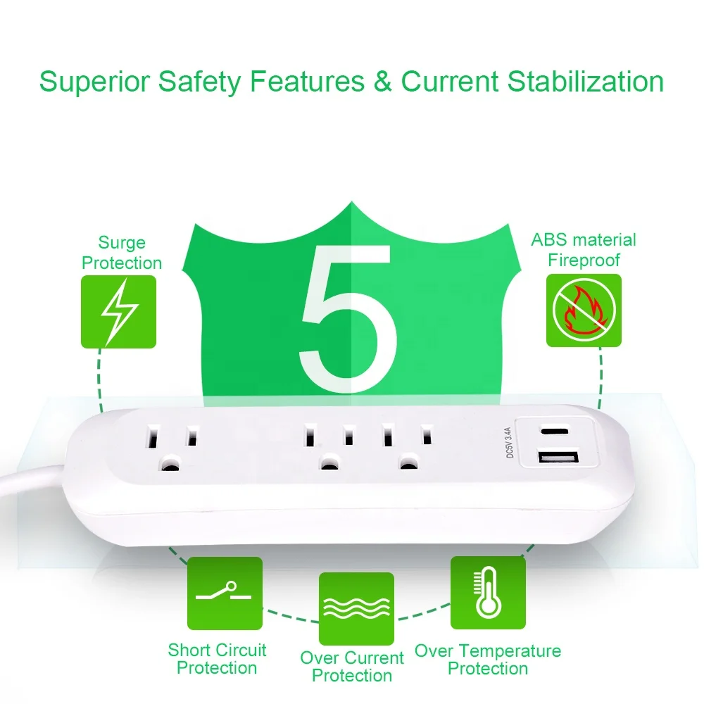 Сетевой фильтр с 3 выходами переменного тока и защитой от перенапряжения usb c