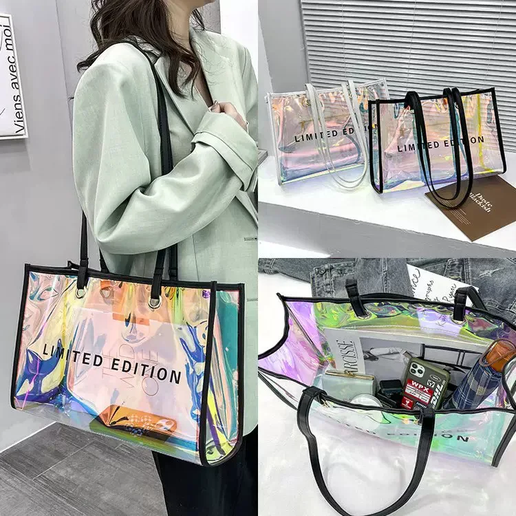 High quality waterproof holographic pvc shoulder tote bag clear plastic shopping bag gift bag