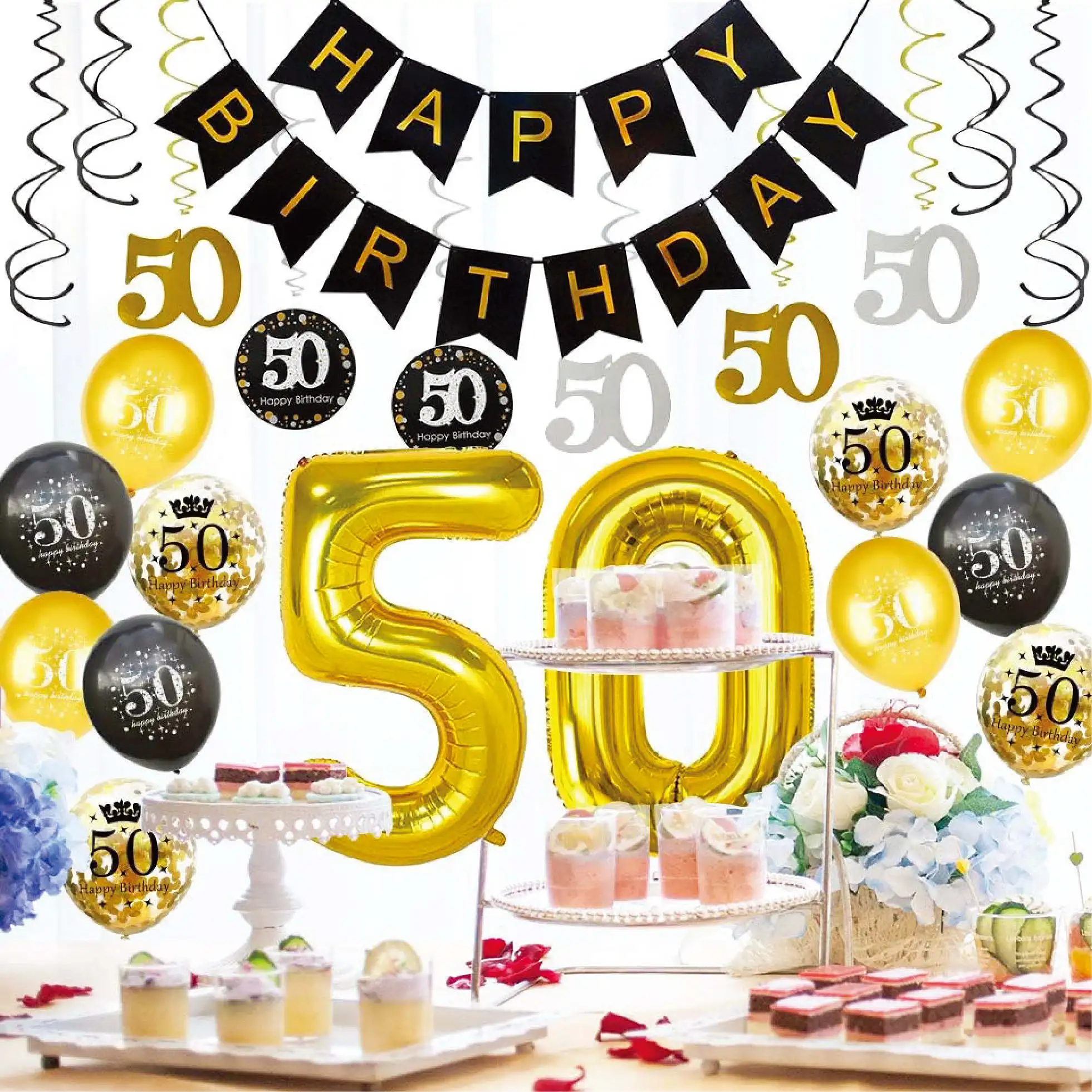 Black Gold Birthday Party 18 20 30 40 50 60 years old pull flag balloon insert digital foil Happy Birthday banner set