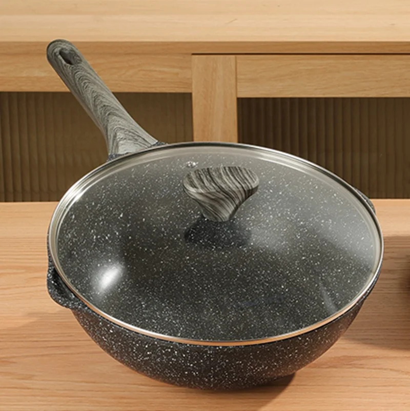 Die-Casting Alu Nonstick Stir Fry Pan Beige Black Marble Pattern 30 cm 12-Inch Wok