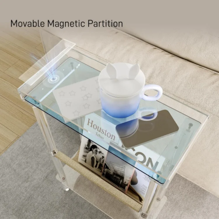 Acrylic Slim End Table with Magazine Holder Nightstand for Living Room Bedroom
