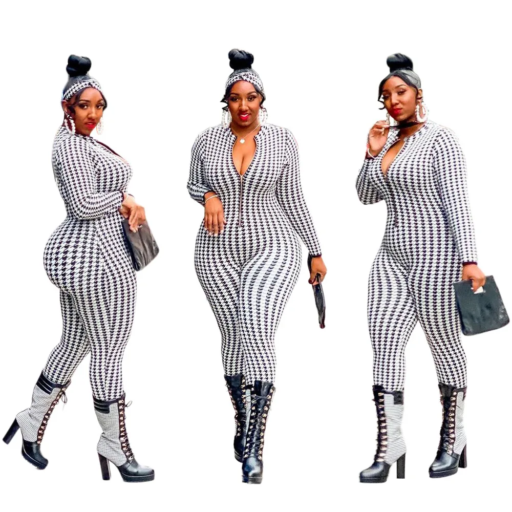 2022 New Arrival Long Sleeve Bodycon zipper Elegant Jumpsuit 4xl  Plus Size One Piece Spring Jumpsuit for Women