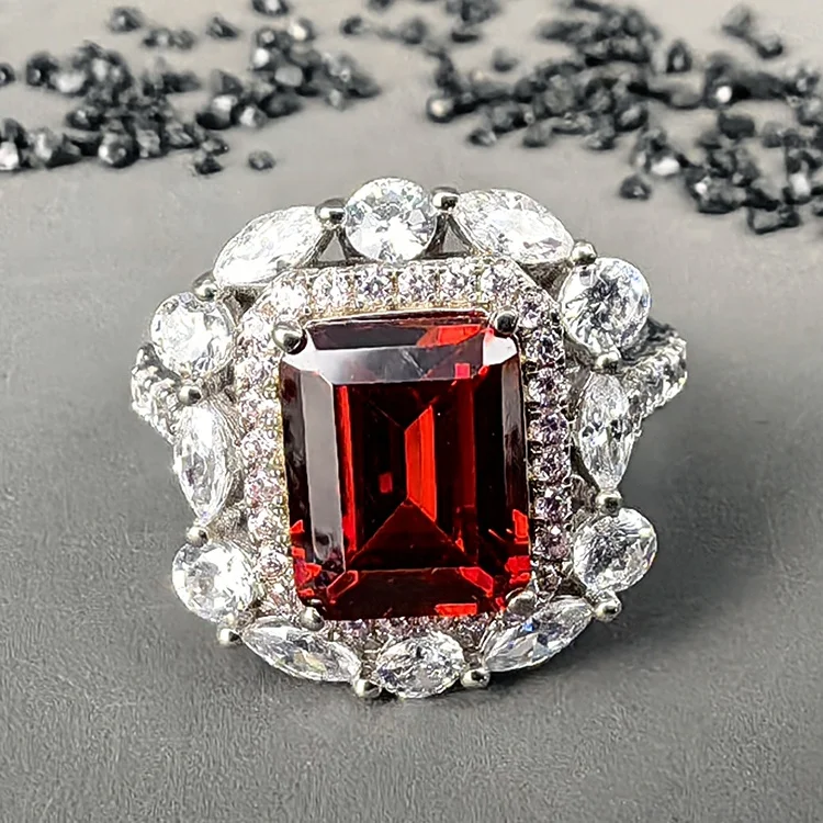 Factory Fine Jewelry Glam Rhodium Plated 925 Sterling Silver Emerald Cut Pigeon Blood Red Ruby Cocktail Ring For Women