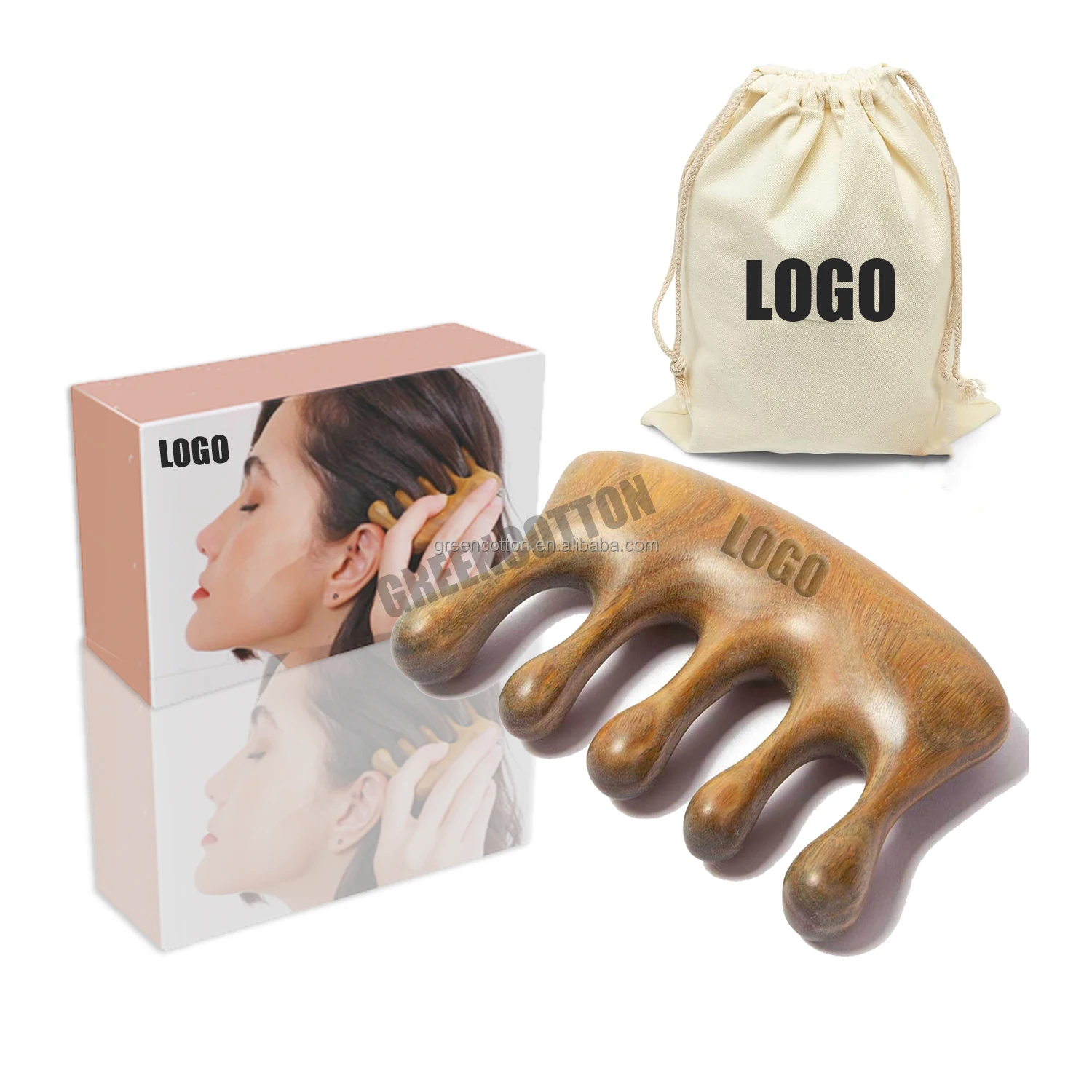 Custom 100% Natural Handmade Pure Wooden Five-tooth meridians comb portable gold wire sandalwood comb wide tooth head scalp