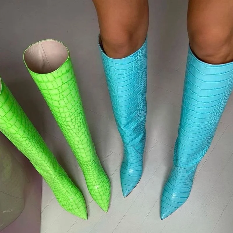 Pointy Toe Great Quality Leather Boots Fresh Green Slip-on Crocodile Print Knee High Boots for Women High Heel Size 43