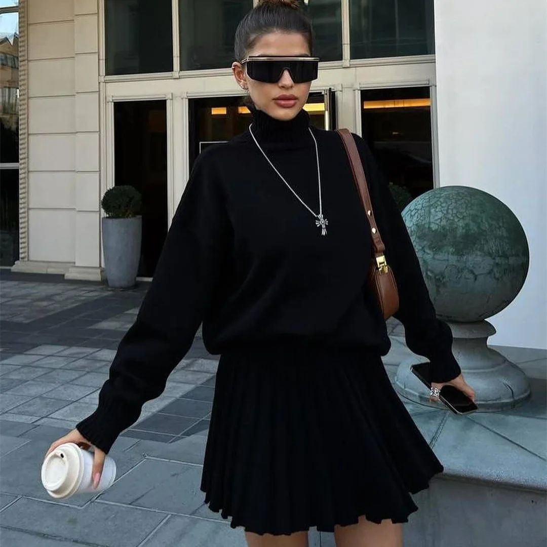 2024 Autumn Winter Folds Skirt Sets For Women Turtleneck Knitted Pullover Femme Mini Skirts 2 Piece Sets Womens Outfits