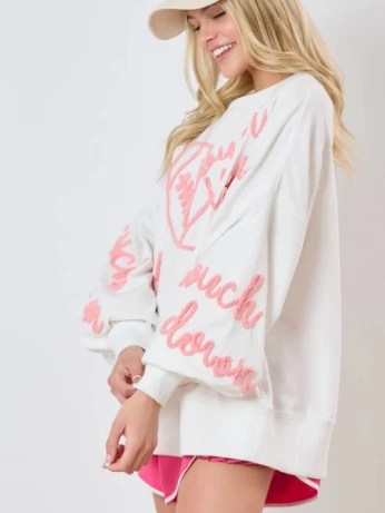 Professional manufacturer round neck oversized sweatshirt custom designer fashion tinsel embroidery white sweatshirt women