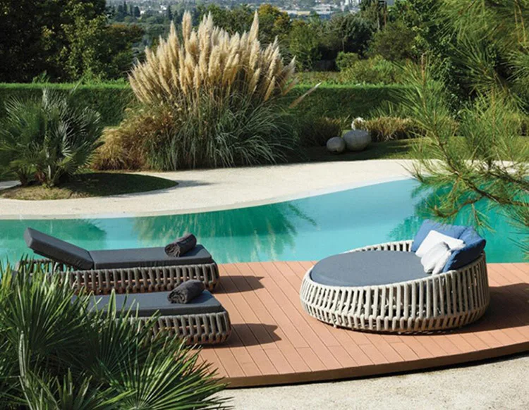 Wholesale Light Luxury leisure fabric pool sun lounger furniture outdoor garden sun bed chair rattan chaise beach lounge chair