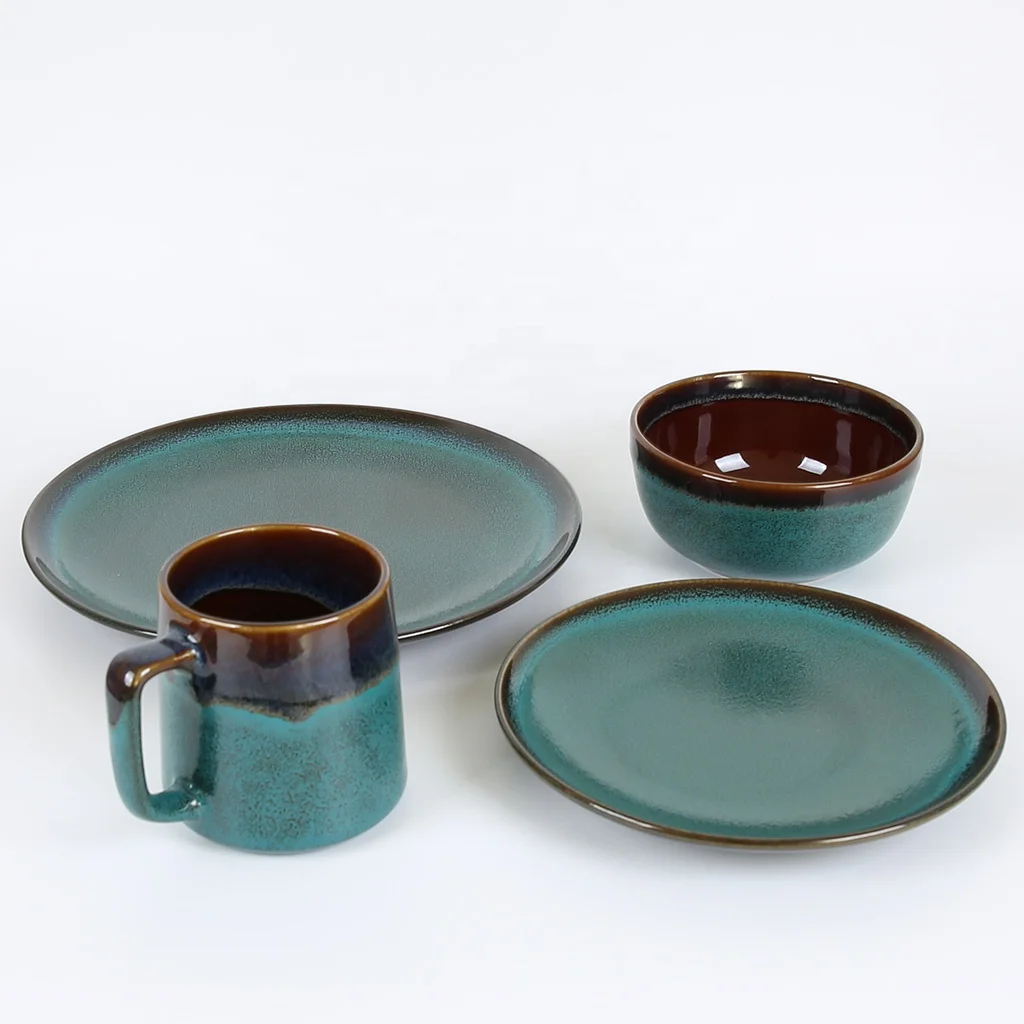 Custom printed flat round fambe dinner plate stoneware reactive dinnerware sets