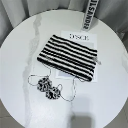 Korean Striped Knit Hat with Pom Warm Furry Ladies Winter hat Y2K Cute Cat Ear Beanie Hats