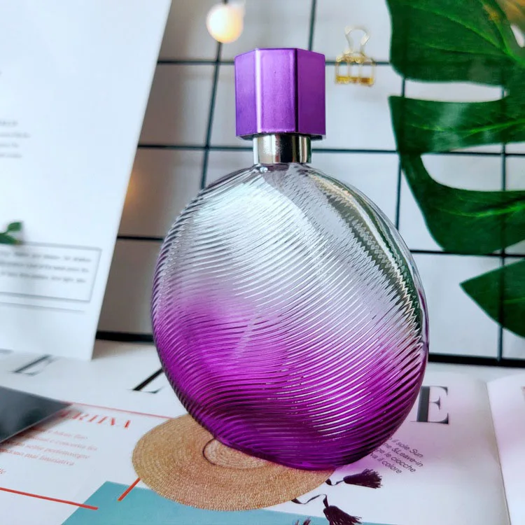 free sample  100 ml 100ml gradient purple color flat round empty glass perfume bottle with gold spray pump