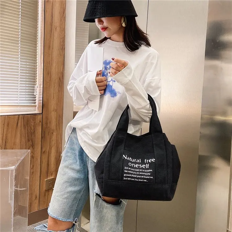 2021 Factory Direct Sales Thick Canvas Shopping Tote Ladies Shoulder Bags For Girls Students Commuter Bag Women Handbag For Sale