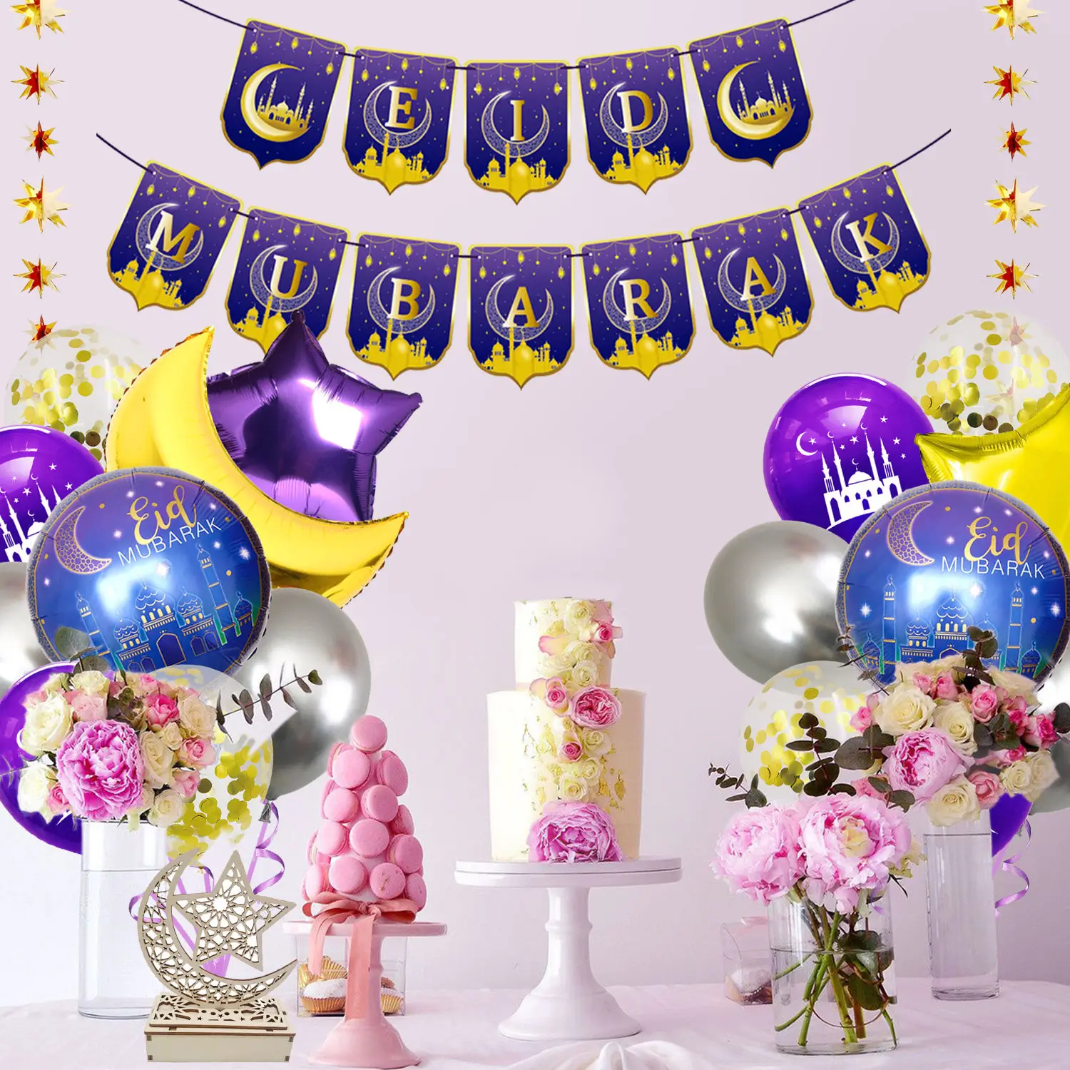 Ramadan Eid Mubarak Paper Banner Letter Balloons Ramadan Light Decoration Moon Star Spiral Hanging Decoration