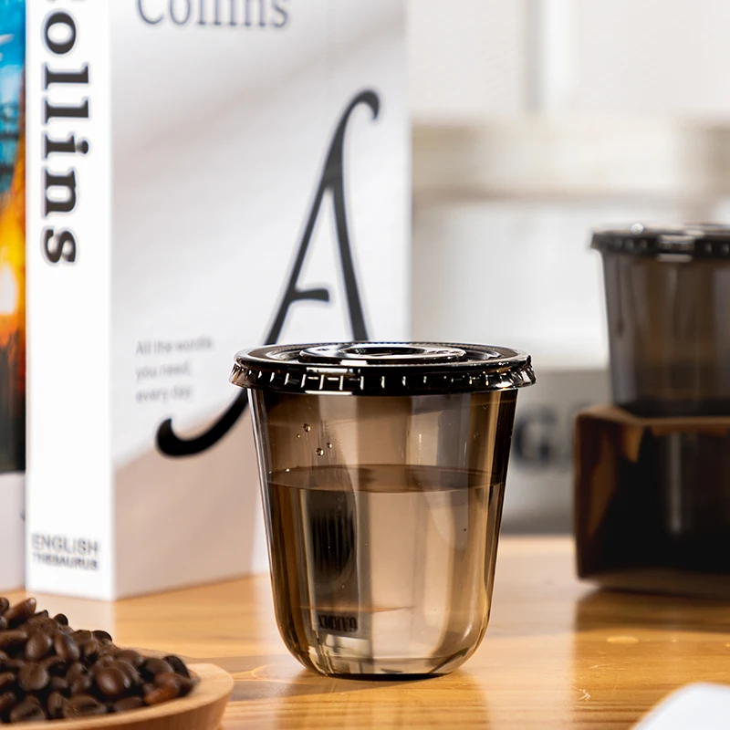 LOKYO Food grade black pet plastic cup cold drink ice coffee smoothie disposable 16oz u shape cup with logo