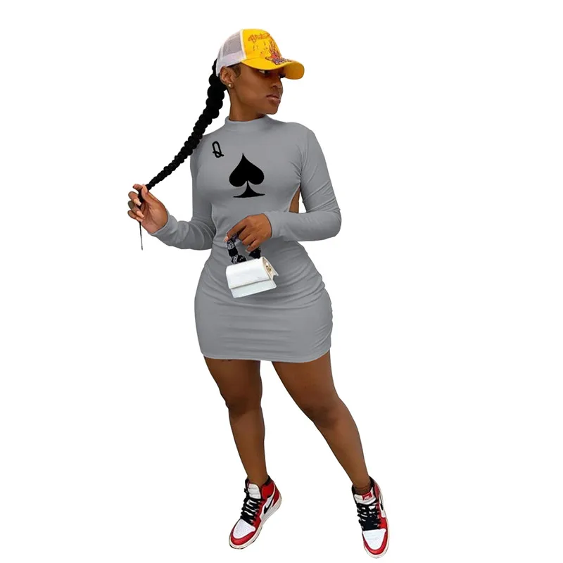 
Fall Letter Q Poker Spades Pattern Long Sleeve Halter Sexy Nightclub Dress Half High Collar Middle Dress 