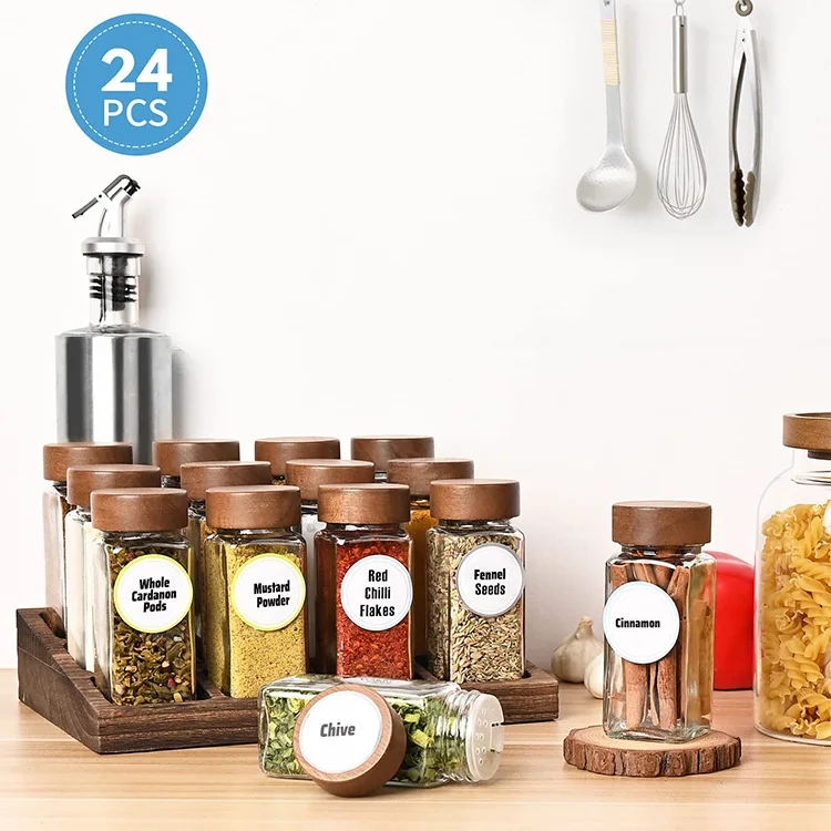 New Hot Sale 24pcs of 120ml Glass Spice Jars set with Acacia Lids and Labels Stickers, 4oz Empty Square Spice Bottles Spice Jar