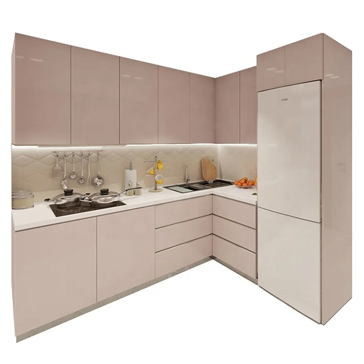 Глянцевый розовый кухонный шкаф, современный дизайн без рук (1600196250185)