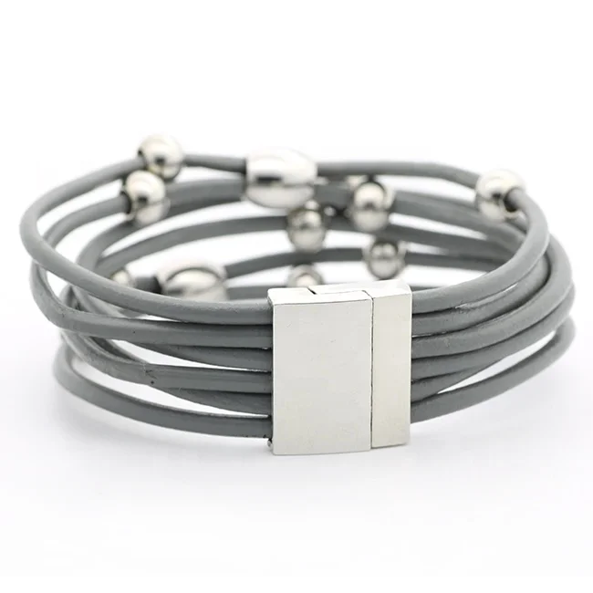 
Wholesale Fashion Stainless Steel Handmade Adjustable Small Silver Beads Cowhide Bracelet 