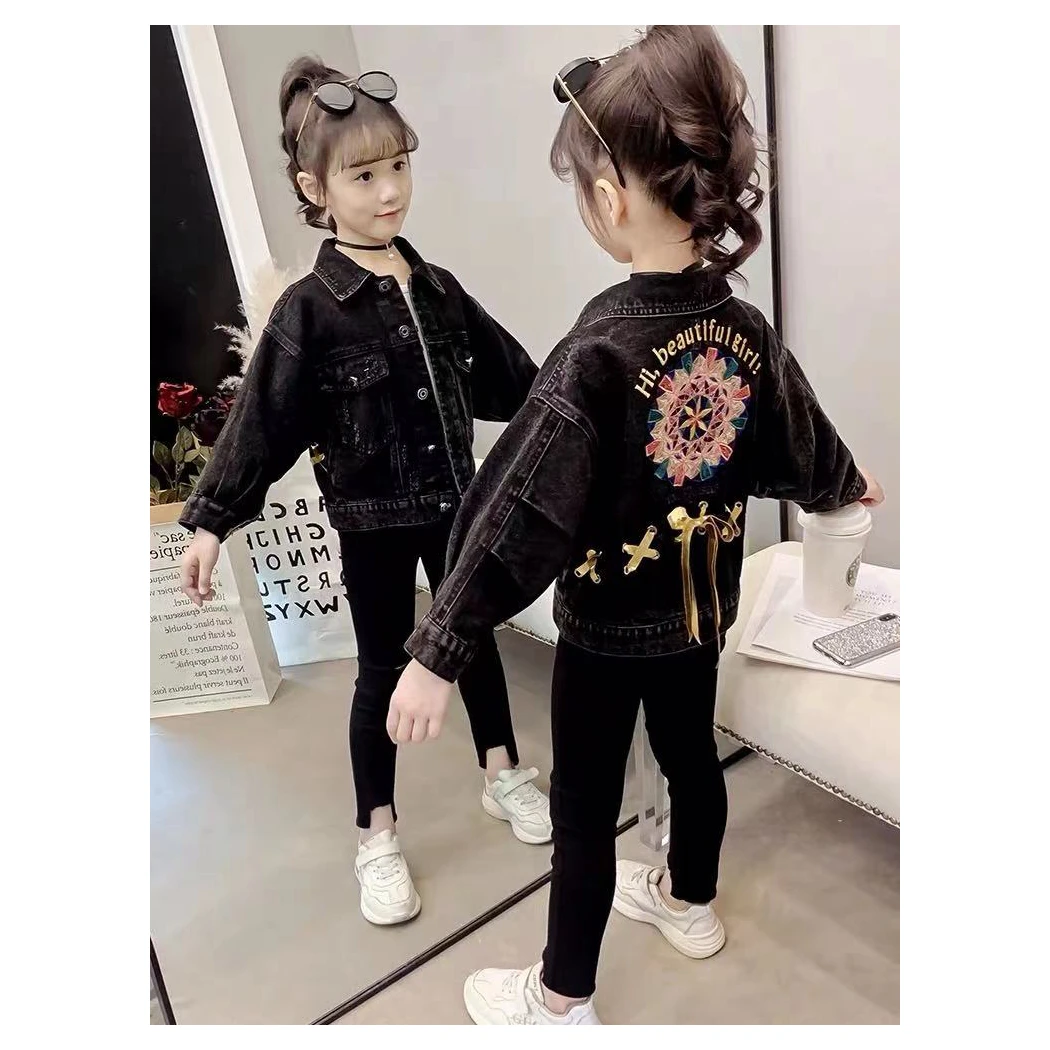 
Fashionable denim jacket with floral embroidery stitching Slightly stretchy soft denim girl jacket Girls denim jacket 