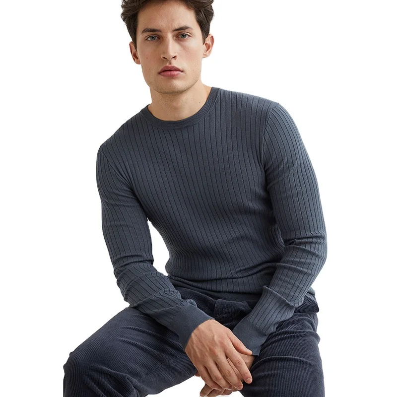 Wholesale Custom Logo Soft Pure Color Crew Neck Pullover Long Sleeves Ribbing Cuffs Sweater For Men
