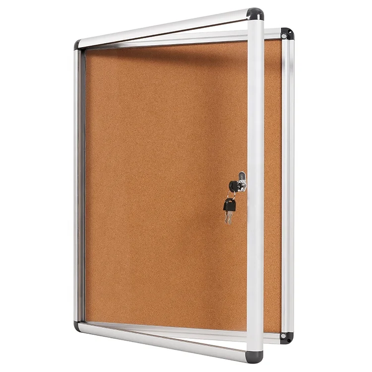 LENAN office wall mount aluminum frame cork showcase indoor lockable notice pin board enclosed bulletin board with door