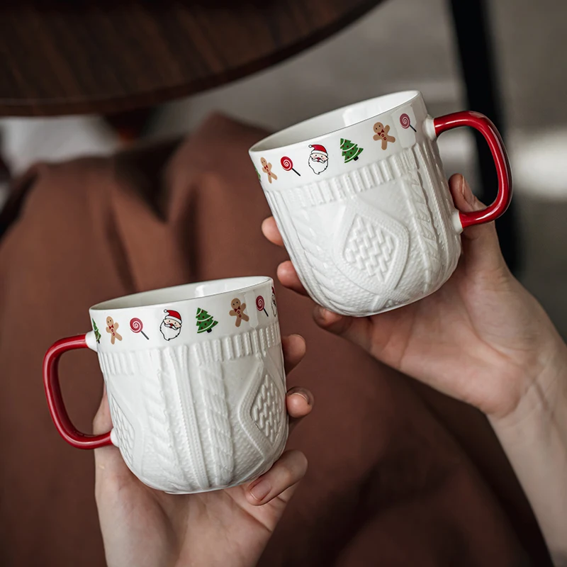 2024 New Style 350Ml Cartoon Cute Christmas Water Milk Coffee Cup Ceramic Christmas Mug with Red handle