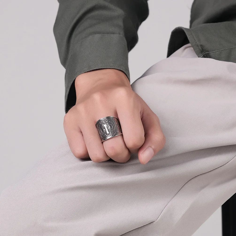 Christian Saint Benedict Exorcism Holy Brand Rings for Men Stainless Steel Ring Domineering Exorcist Ring Man