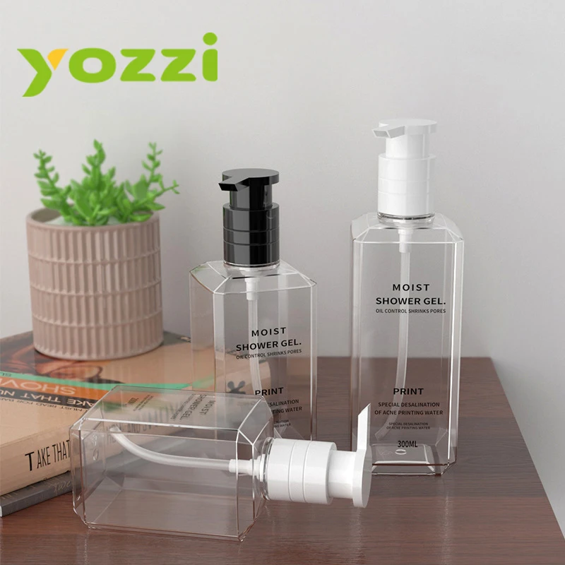 200ml 250ml 300ml 7oz 8oz 10oz PET Square Pump Clear Transparent Flat Lotion Shampoo Bottle 300ml