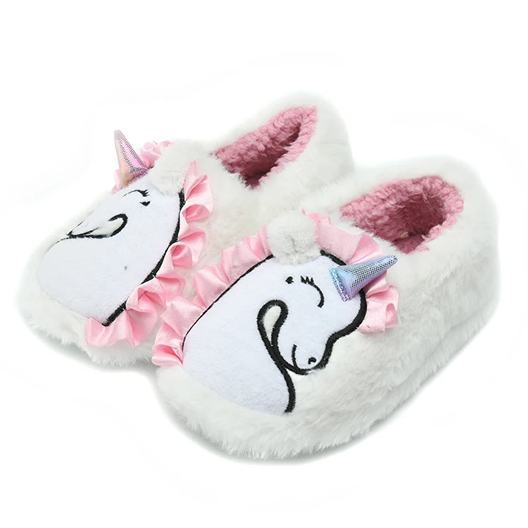 Stylish Winter Unicorn Shoes Slippers White Fur Applique Embroidery Household Novelty Slippers for Kids Girls