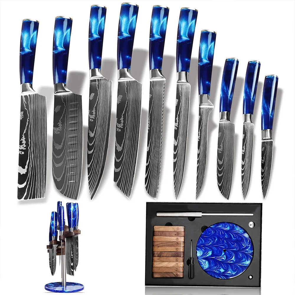 High Quality Laser Pattern Custom Japanese Quality Brand Stainless Steel Damascus Chef Knife Resin Handle Set of Kitchen Knives