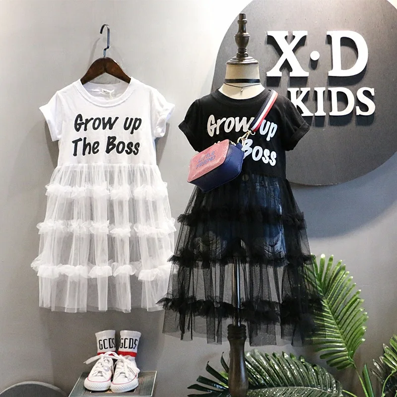 New Trend Hot Selling Kids Mesh Chiffon Patchwork Long Shirt Dress Short Sleeve Girls Party Dresses
