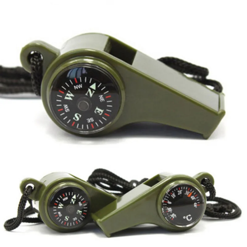 3-in-1 Emergency Survival Whistle with Compass Thermometer Loud Safety Device for Outdoor ABS Plastic Lanyard