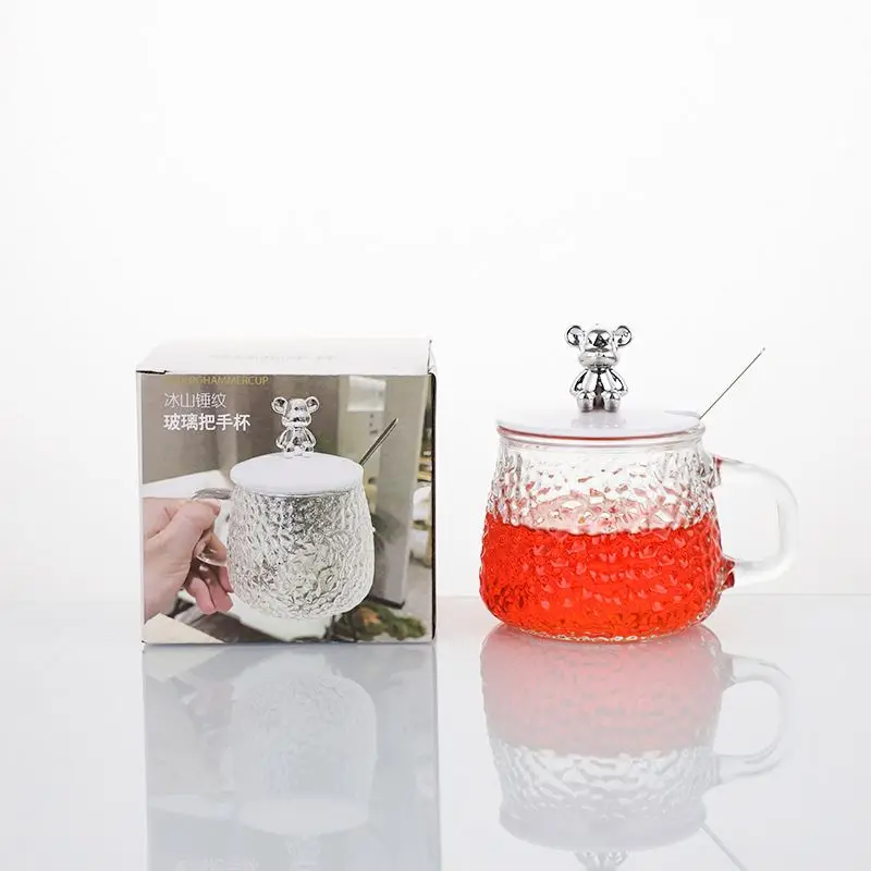 400Ml Beverage Mug Little Bear Hammer Pattern Frosted Handle Mug Glass Water Coffee Cup With Lid
