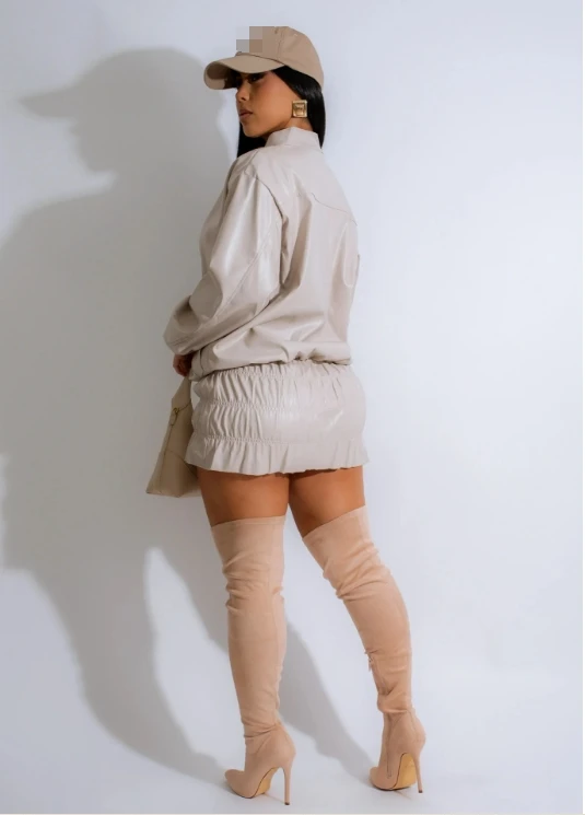 Liu Ming New Stylish 2025 Fall Winter Women Clothing Full Sleeve PU Leather Jackets Two 2 Piece Mini Ruched Skirts Set