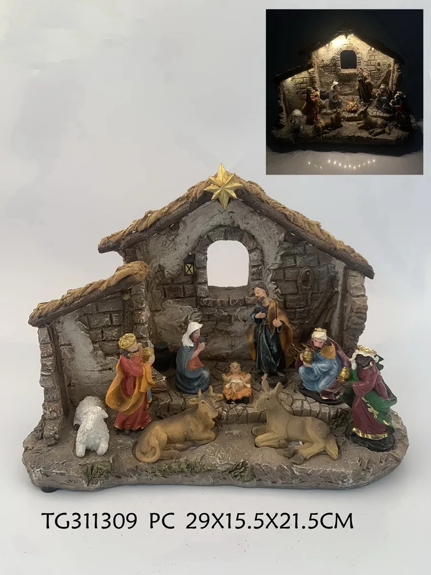 Top Grace hand carved polyresin cheap nativity sets with led light